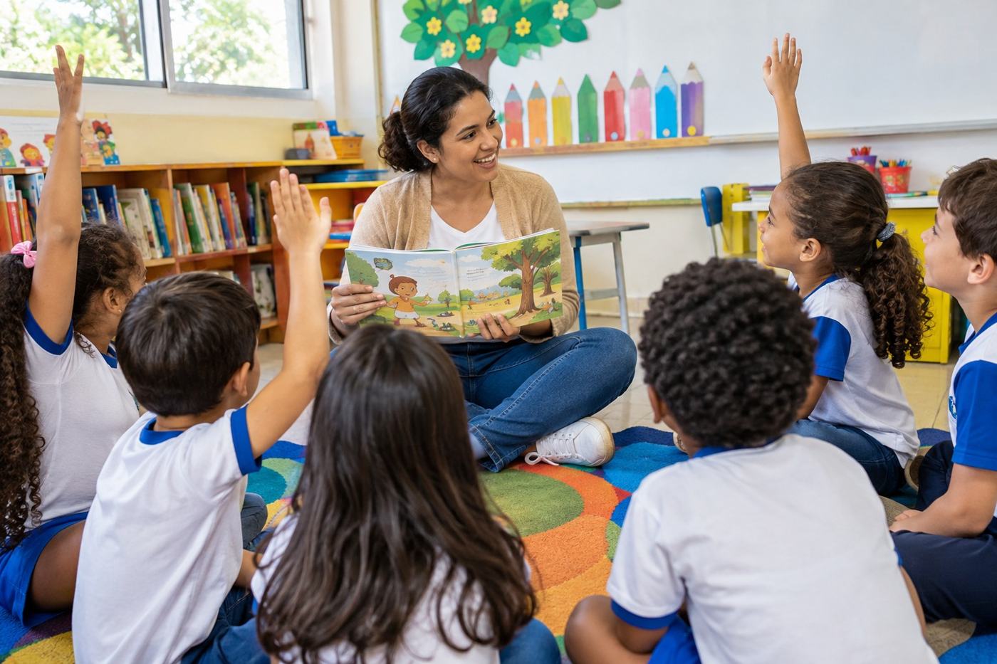 Professora lendo com as crianças em roda